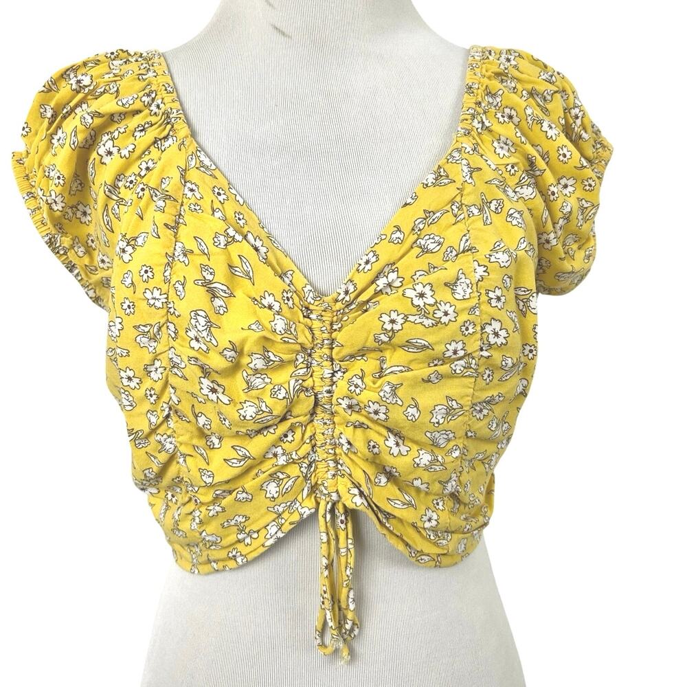 Japna Yellow Floral Ruched Drawstring Crop Top Large Smocked Cottagecore Boho